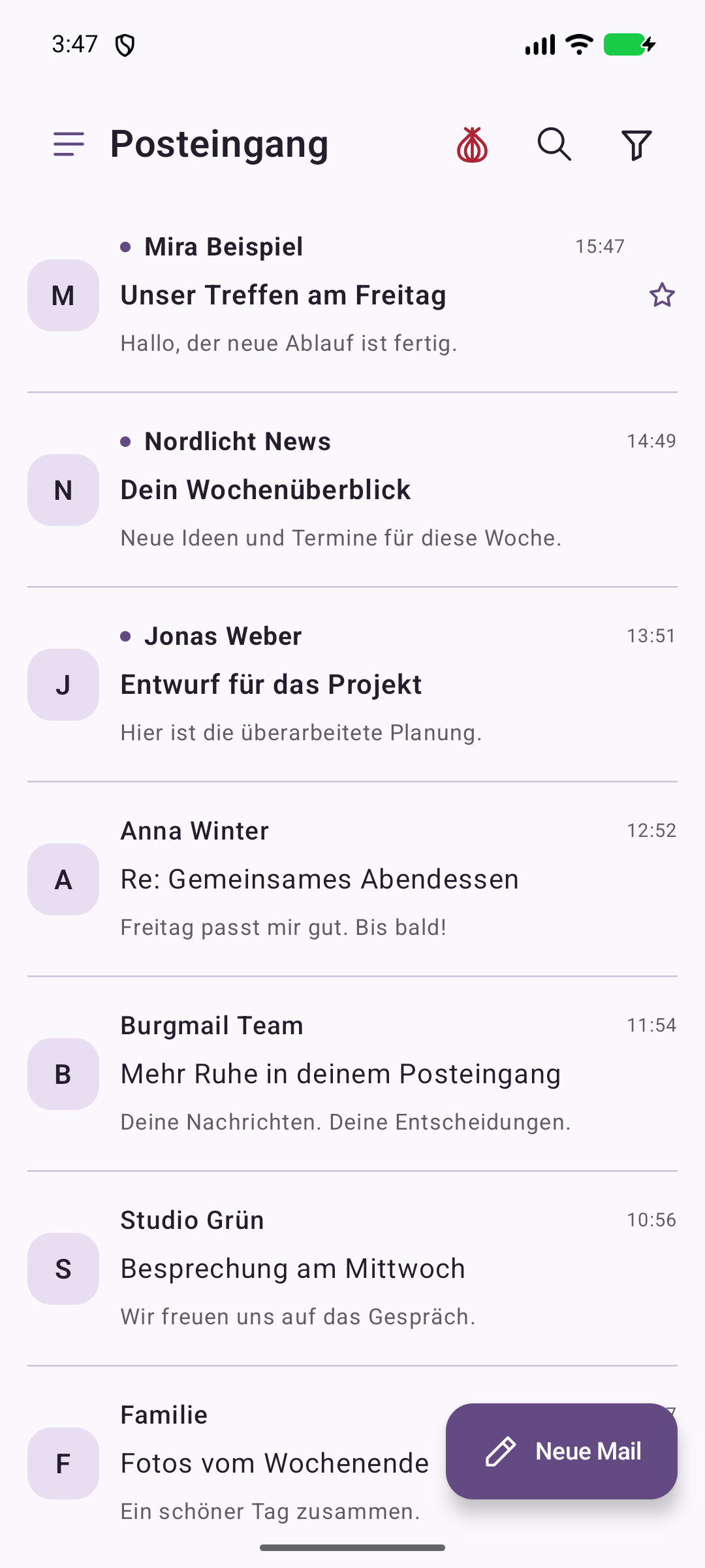 Burgmail-Posteingang mit Absendern, Betreffzeilen und kompakter Vorschau