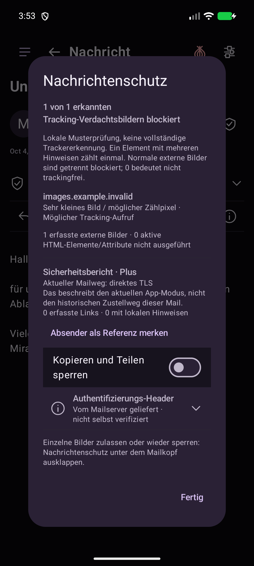 Burgmail-Nachricht mit Sicherheitsbericht und erkannten Tracking-Hinweisen